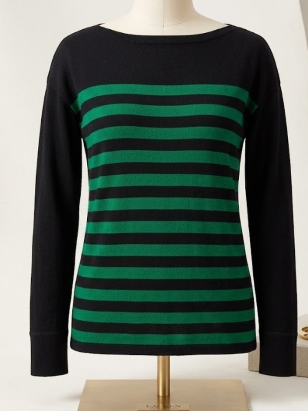 Ralph Lauren Black and Green Striped Boatneck Top (Sz M) Classic Preppy Academic